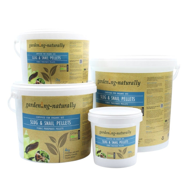 organic slug pellets tubs showing 4 different sizes from 800g to 8kg