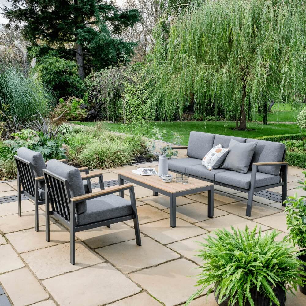 Image of a patio featuring sleek grey furniture and vibrant green plants.