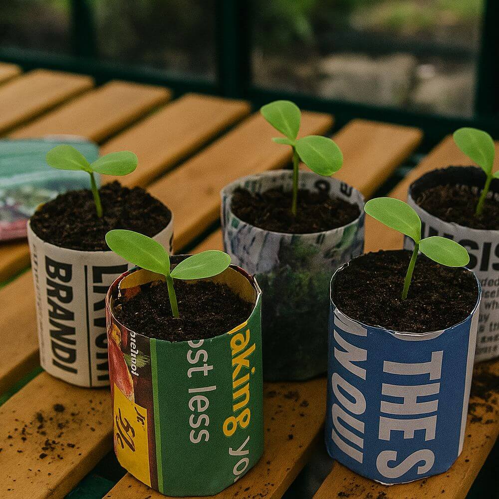 Plants growing in upcycled can containers on a wooden surface