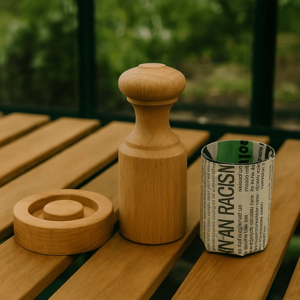 Wooden pepper grinder and container on a wooden surface with a blurred green background