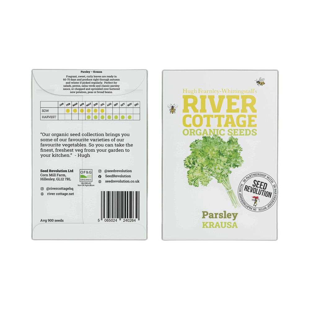 Two River Cottage Organic Seeds packages for parsley on a white background