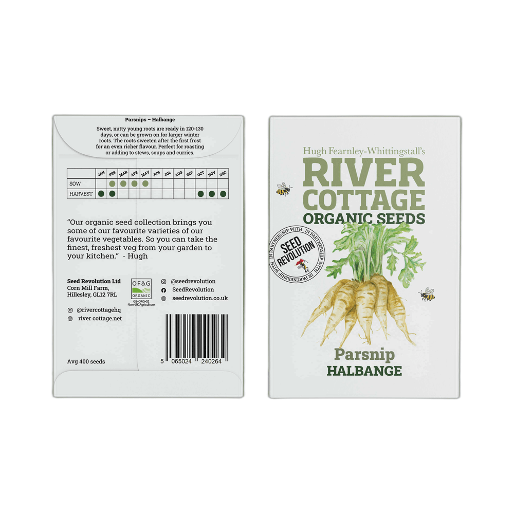River Cottage Organic Seeds packaging for Parsnip Halbange on a white background