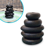 Stacked stone fountain with a close-up inset showing water flow.