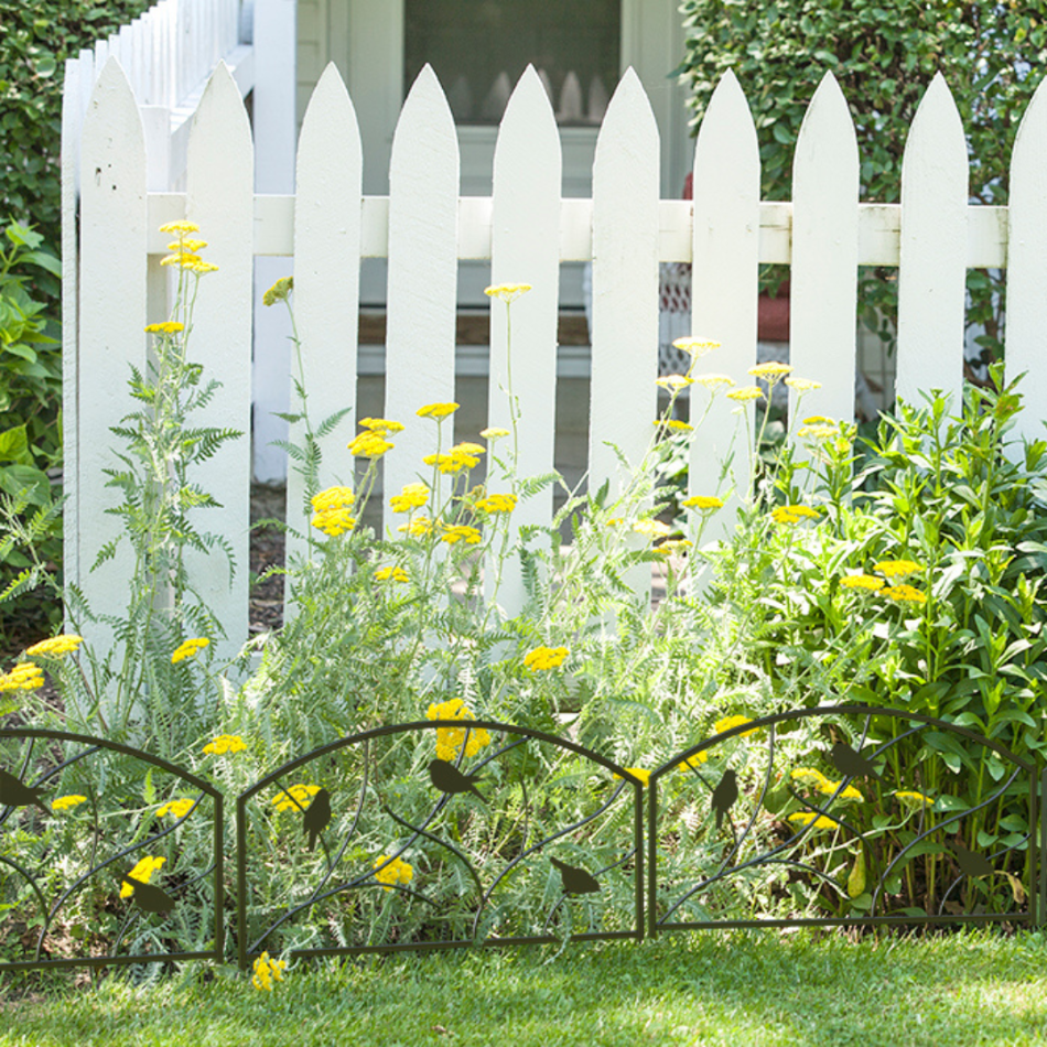 A metal garden border edging with bird silhouettes installed on a garden bed, with yellow flowers and a white picket fence in the background.