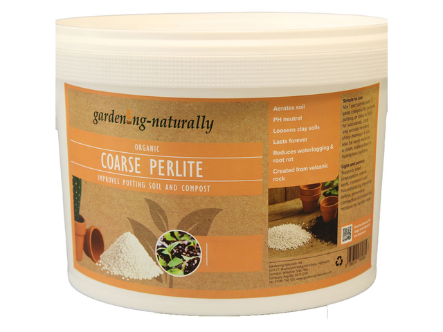 Container of coarse perlite with a label 