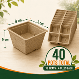 Four-cell biodegradable paper seed starter pots shown on a light wood surface with a soft blurred green background. One pot is displayed with dimension arrows indicating 9 cm width, 9 cm depth, and 5 cm height.