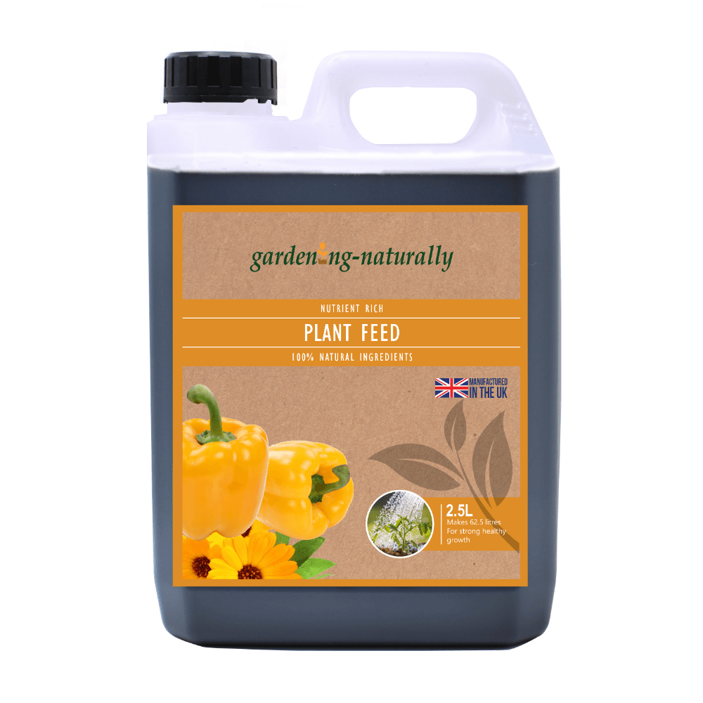 A 2.5L plastic bottle of gardening naturally Plant Feed, featuring a black cap, white handle, and a brown kraft-paper style label with yellow bell pepper and sunflower graphics.