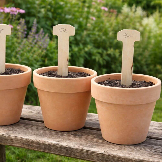 wooden t shaped plant labels in pots in garden