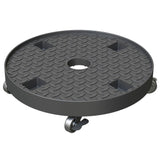 A black, round planter caddy made from recycled plastic with metal casters and a slip-proof surface.