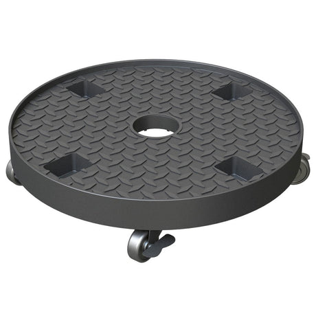 A black, round planter caddy made from recycled plastic with metal casters and a slip-proof surface.