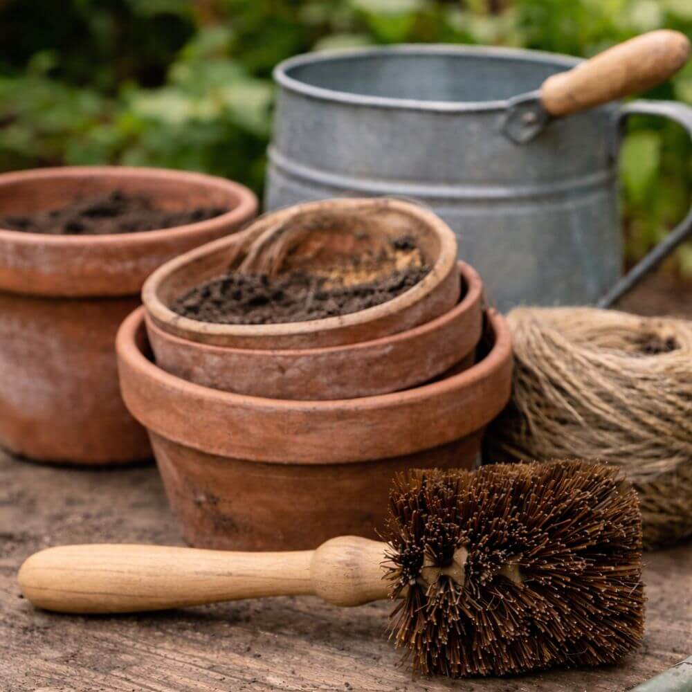 Set of terracotta pots, a metal watering can, and a pot brush on a wooden surface 