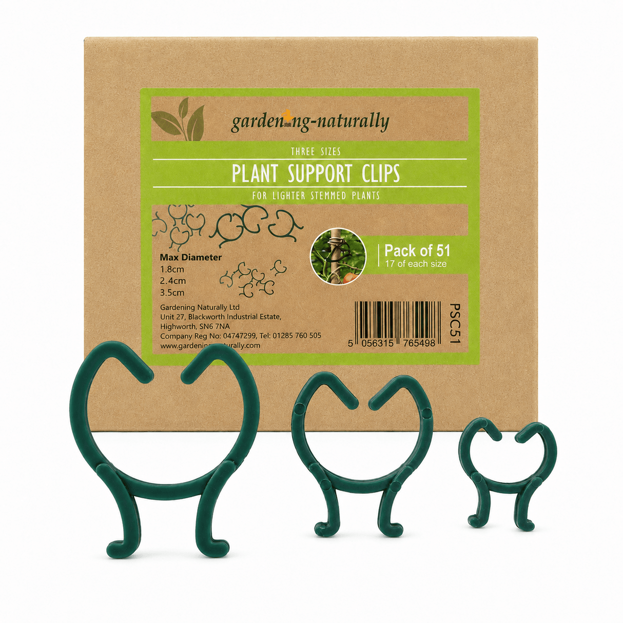 Green plant support clips in front of a cardboard box labeled 'garden.naturally' with product details.