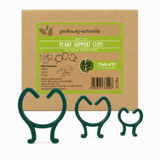 Green plant support clips in front of a cardboard box labeled 'garden.naturally' with product details.