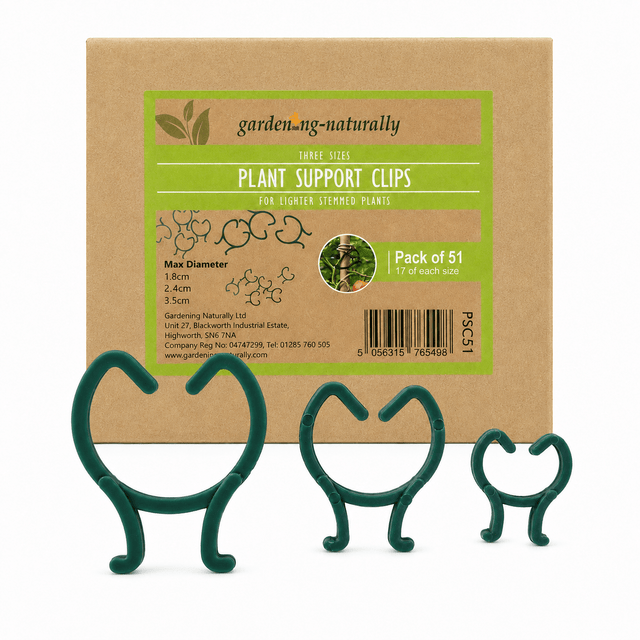Green plant support clips in front of a cardboard box labeled 'garden.naturally' with product details.