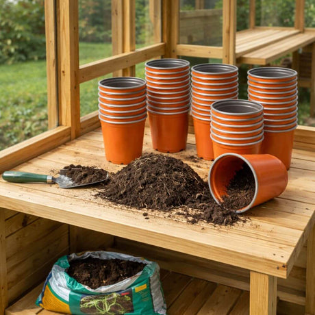 Orange gardening pots, soil, and a trowel on a wooden table inside a greenhouse.
