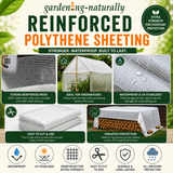 Advertisement for reinforced polythene sheeting with features and benefits highlighted.