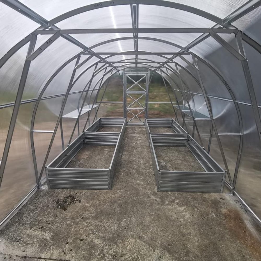 interior of polytunnel with shelves fitted