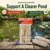 Gardening Naturally Barley Straw and Lavender pond filter bags displayed in front of a koi pond background, with promotional text overlays reading 'Support A Clearer Pond' and 'Algae-Prone Water' and 'Balanced Pond Care'.