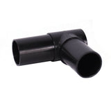 Black plastic elbow fitting on a white background
