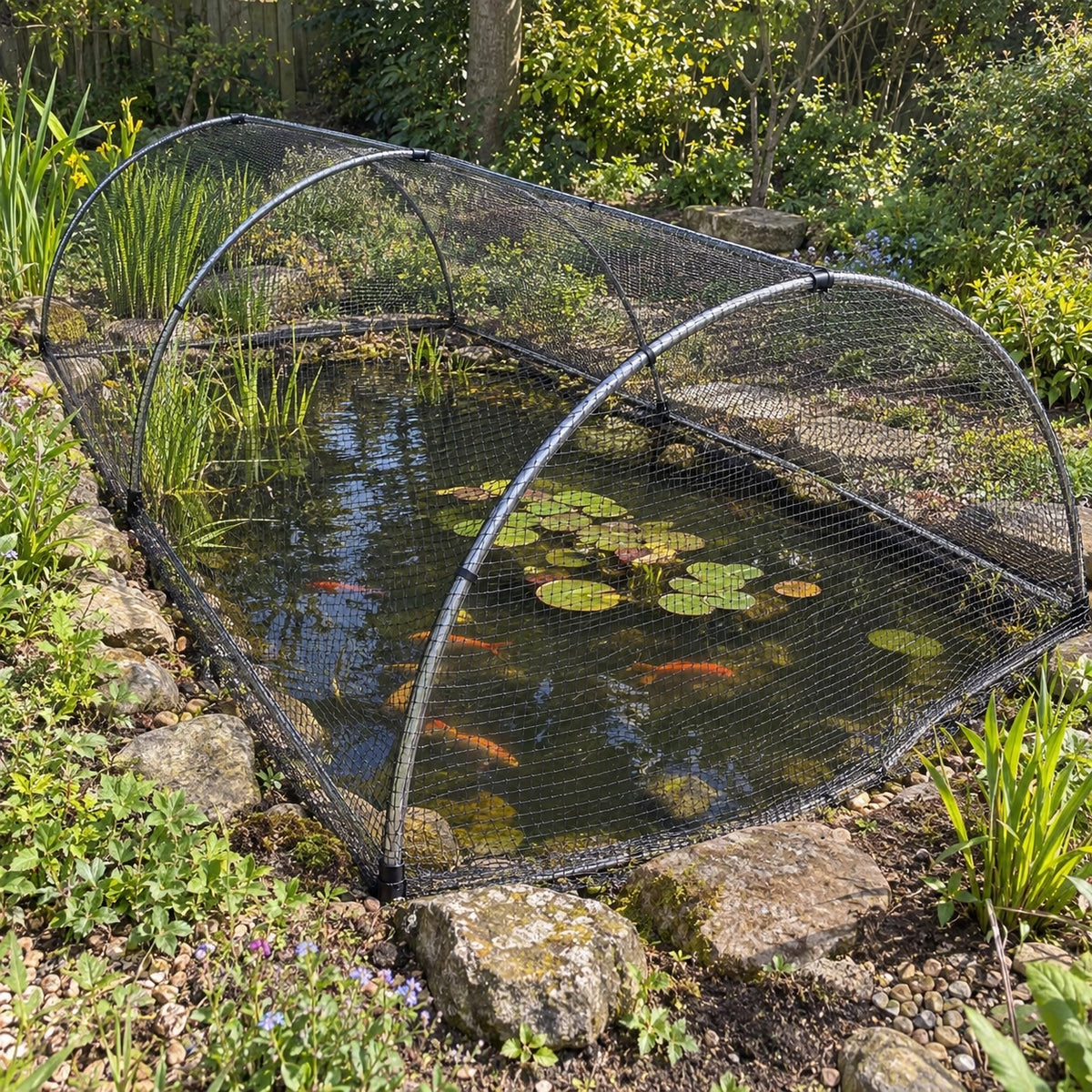 A black mesh pond cover with arched hoops set over a small garden pond with koi fish, lily pads, and surrounding green plants in an outdoor backyard setting.