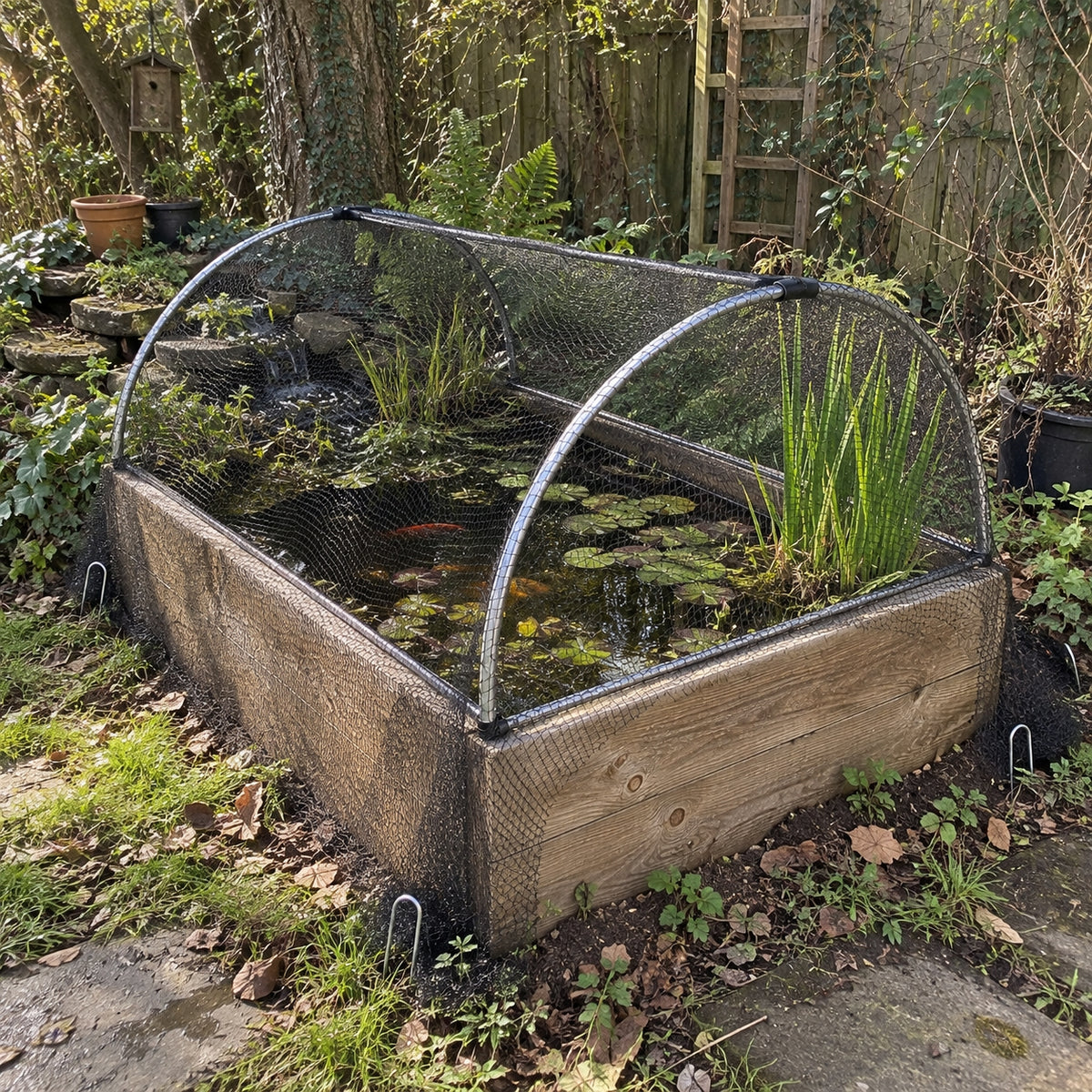 Pond netting with cage covering a small raised pond. 