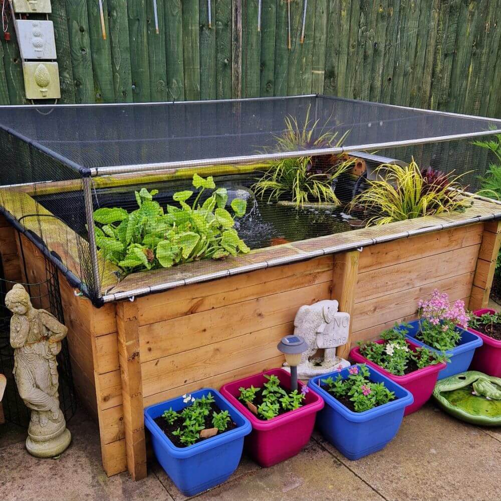Wooden raised garden pond with plants and colorful pots on a patio