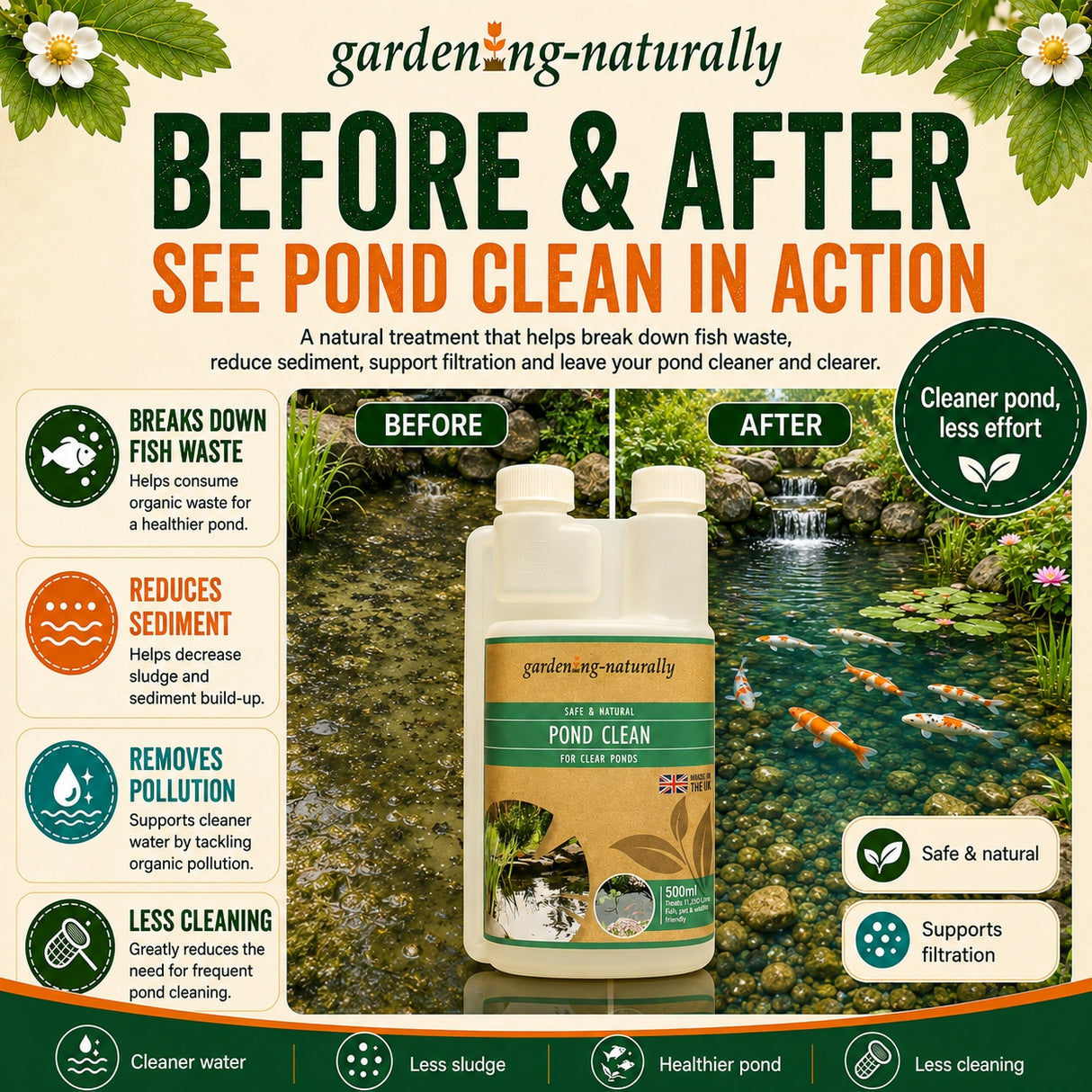 Advertisement for 'Pond Clean' product showing before and after effects on a pond with koi fish.