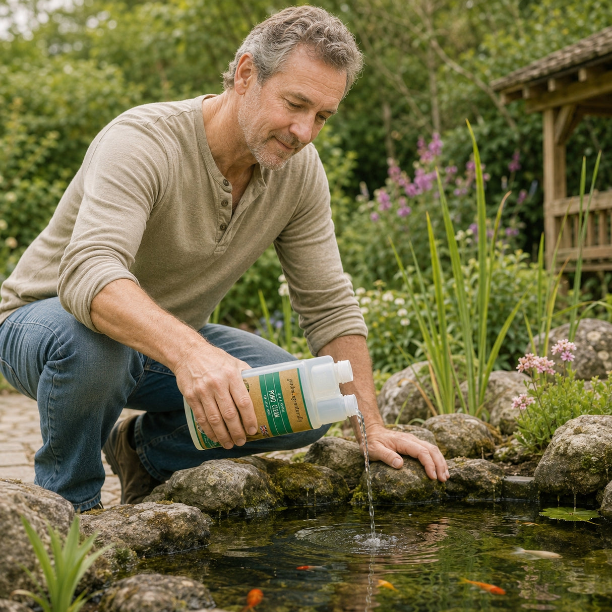 Man pouring liquid from a bottle into a garden pond with plants and rocks in the background