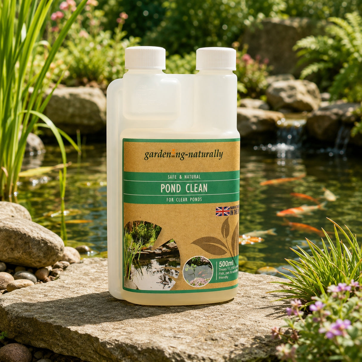 Pond cleaning product labeled 'garden-ing-naturally' by a pond with fish and plants.
