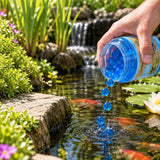 Gardening Naturally Pond Filter Boost Balls being poured directly into a garden pond to support clean pond water and biological filtration.