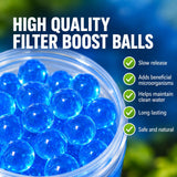 Gardening Naturally Pond Filter Boost Balls showing slow release, beneficial microorganisms, clean water support and long-lasting benefits