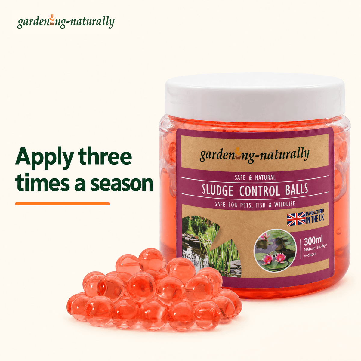 A jar of gardening naturally sludge control balls stating about applying it three times a season