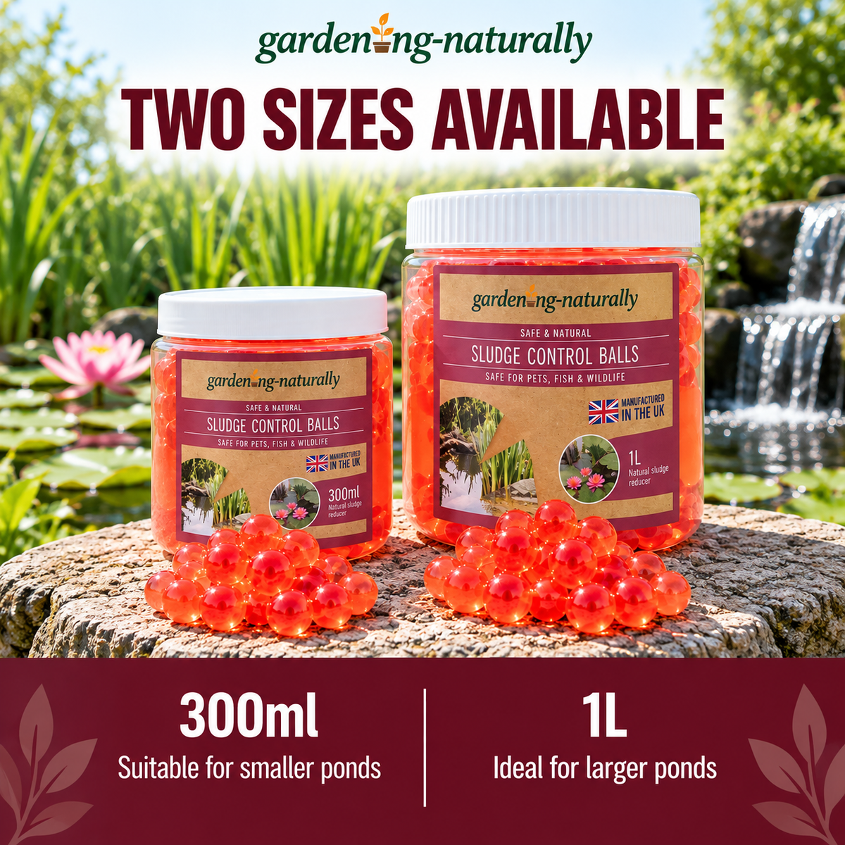 Gardening Naturally Pond Sludge Control Balls available in 300ml for smaller ponds and 1 litre for larger ponds.