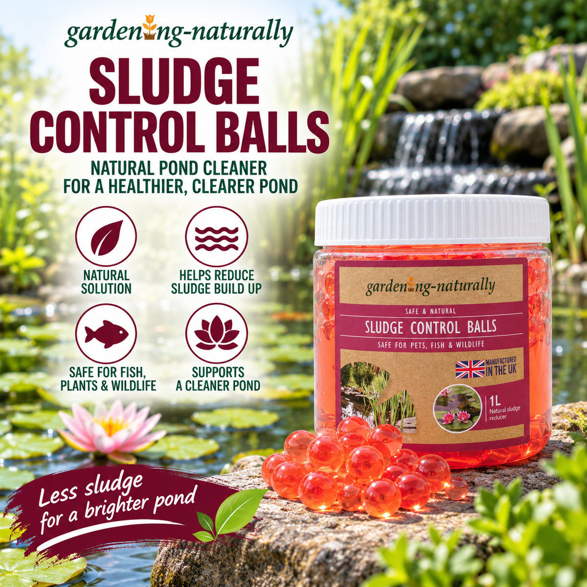 Gardening Naturally Pond Sludge Control Balls, a natural pond cleaner designed to help reduce sludge build-up and maintain clearer pond water.