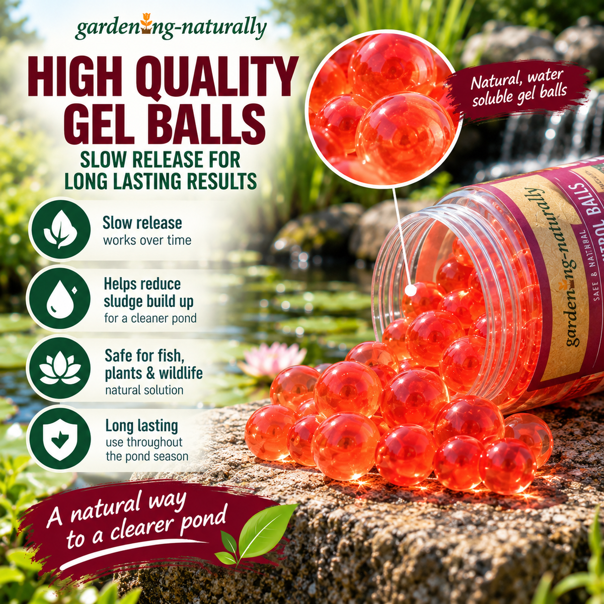 Gardening Naturally Pond Sludge Control Gel Balls showing slow-release water-soluble gel balls designed to help reduce organic waste and sludge in garden ponds.