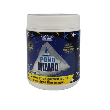 A container of Pond Wizard pond cleaner with branding and product information displayed on the label.