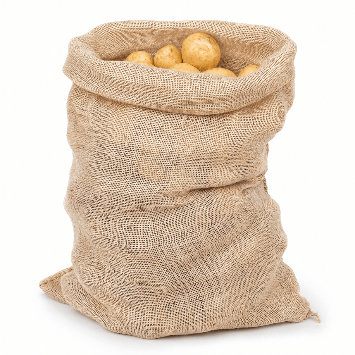 A natural burlap sack filled with potatoes, photographed on a clean white background.
