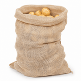 A natural burlap sack filled with potatoes, photographed on a clean white background.