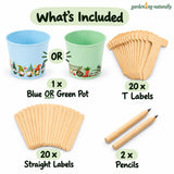 An 'What's Included' product graphic showing the contents of a gardening label kit: one blue pot with gnome illustrations, one green pot with a bee illustration, 20 wooden T labels, 20 straight labels, and 2 pencils.