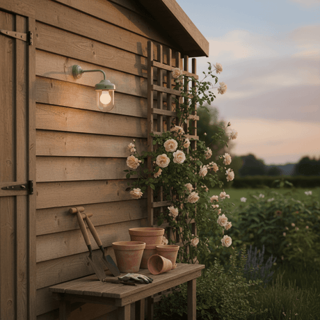 barn light on shed at dusk with fields in background
