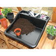 A black potting tray filled with soil, placed on a wooden table with various gardening tools and plants around it.