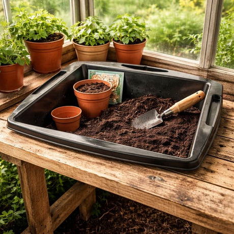 Potting tray for repotting plants in greenhouse