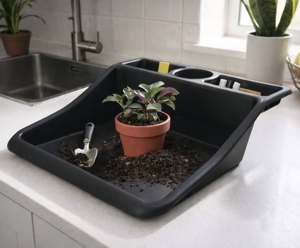 Black tray with a potted plant on a kitchen counter