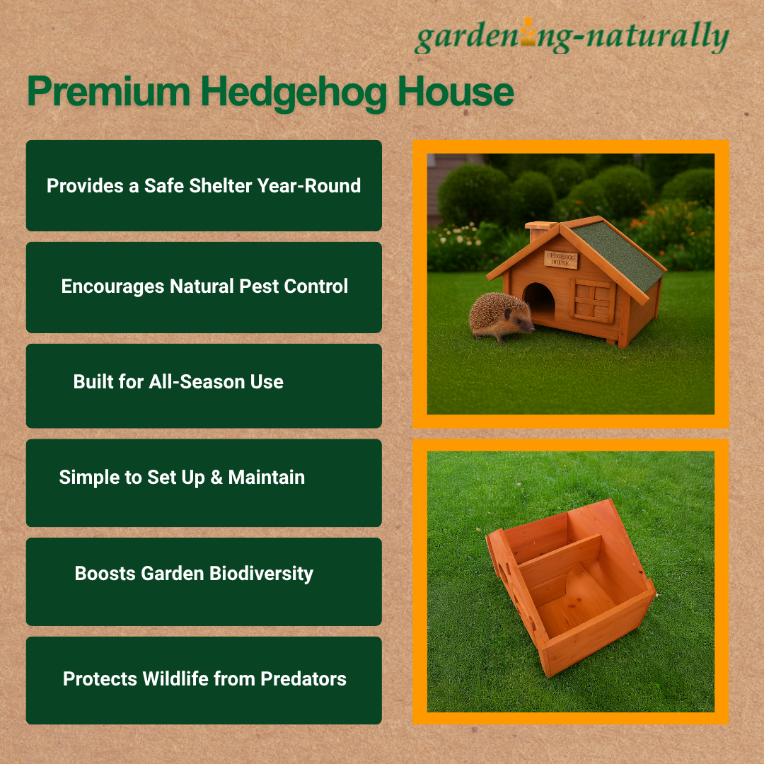 Premium hedgehog house with features listed on a brown background