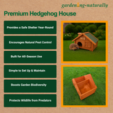 Premium hedgehog house with features listed on a brown background