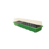 Green seedling tray with beige lid on a white background