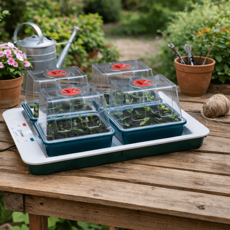automatic electric propagator on a bench near flowerpots and a watering can