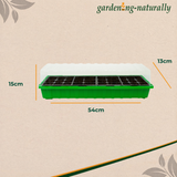 Green seedling tray with dimensions on a beige background, featuring the 'gardening-naturally' brand.