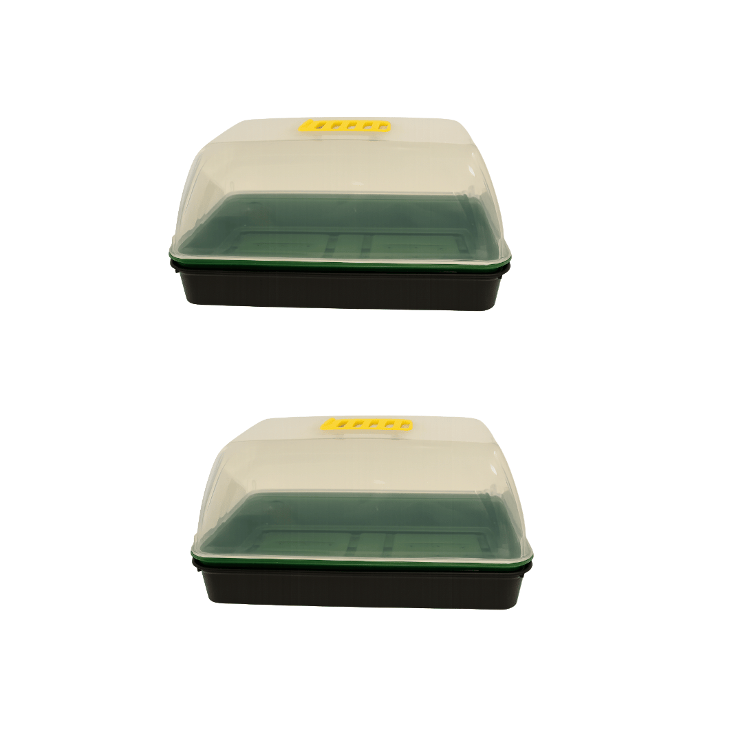 Two green propagators with lids on a white background