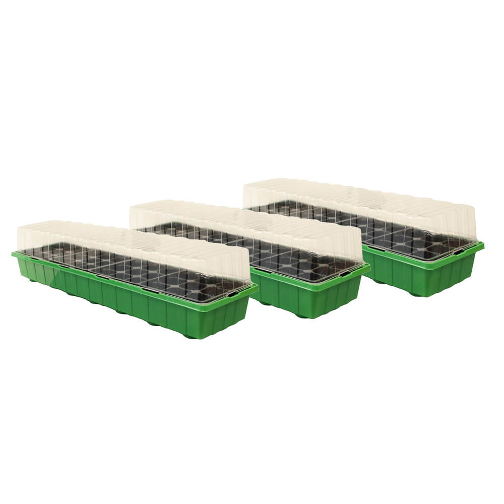 Set of four green seedling trays with transparent covers on a white background